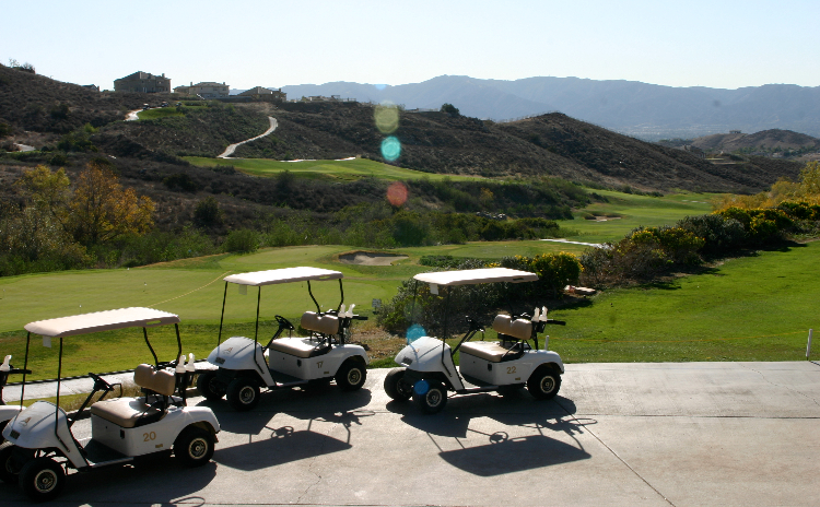 Row of golf carts overlooking course